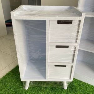 Nakas Simpana minimalis 3 laci dan 1 rak terbuka MDF warna cerah Meja nakas serbaguna minimalis untuk kamar tidur modern